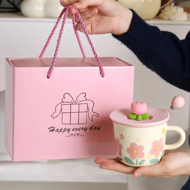 Gifts CreativGift box cups, mugse Coffee Mug with Tulip Flower Design Ceramic Cup Women Aesthetic Ins Style Breakfast Cup