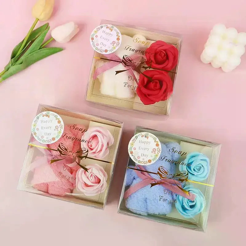 1Set Towel Bear Soap Flower Gift Box,Valentine's Day,Wedding,Mother's Day Christmas Gift Birthday Party Baby Shower Guest Favors