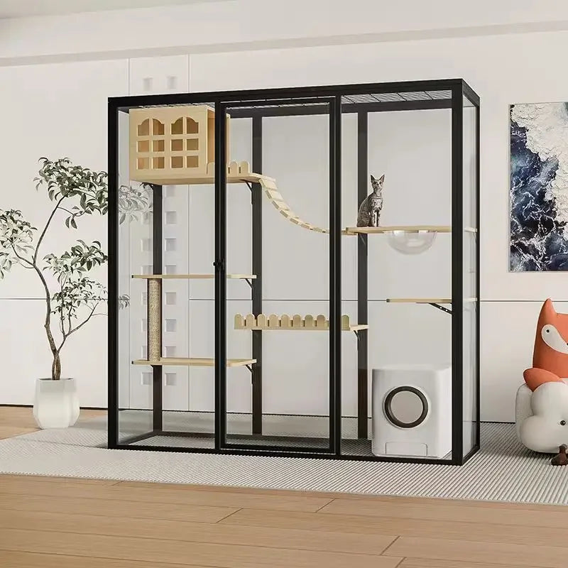 Custom Cat House 120*100*180cm White Aluminum Frame With Tempered Glass Balcony Cat Crawling Cabinet Cutting Punching Service