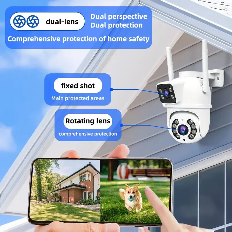 WiFi Security Camera 6MP HD PTZ IP68 Camera Outdoor Dual Lens Dual Screen Auto Tracking Two-Way Voice Audio Video Surveillance