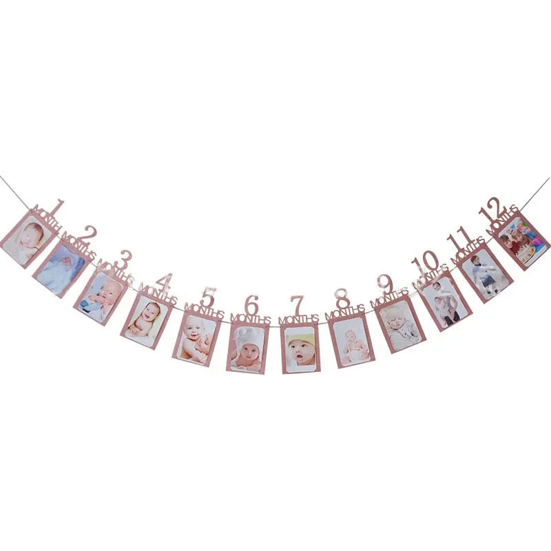 Birthday Baby One Year 12 Months Photo Banner Baby Boy Girl 1 Year Birthday Party Decor Photo Garlands Baby First Birthday Party