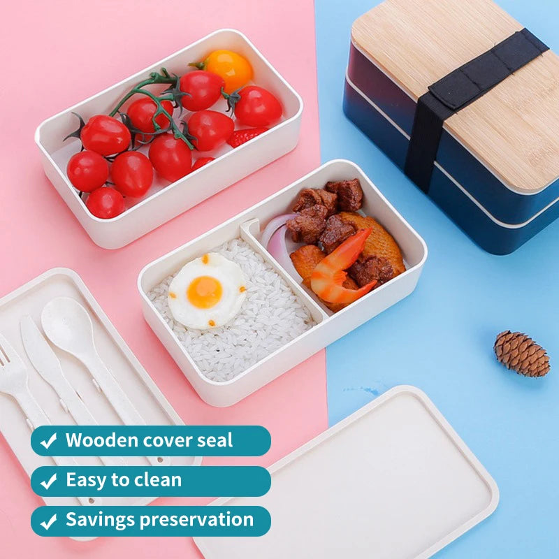Minimalist Japanese Style Bento Box Double-layer Lunch Box with Cutlery Divided Student Lunchbox Set - Knife Fork Spoon Included
