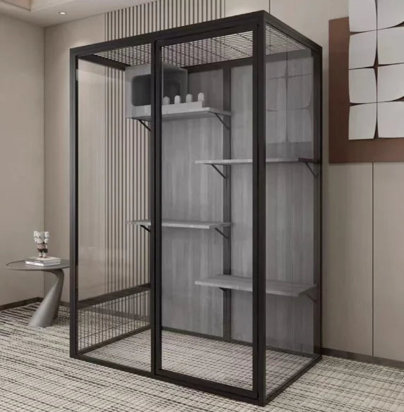 Custom Cat House 120*100*180cm White Aluminum Frame With Tempered Glass Balcony Cat Crawling Cabinet Cutting Punching Service