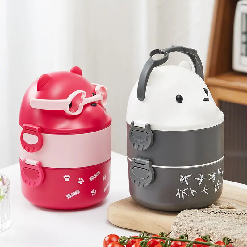 Stackable Bento Box Portable Cute Cartoon Children Lunch Box Double Layer Food Storage Container Eyeglass Bear Thermal Bento Box