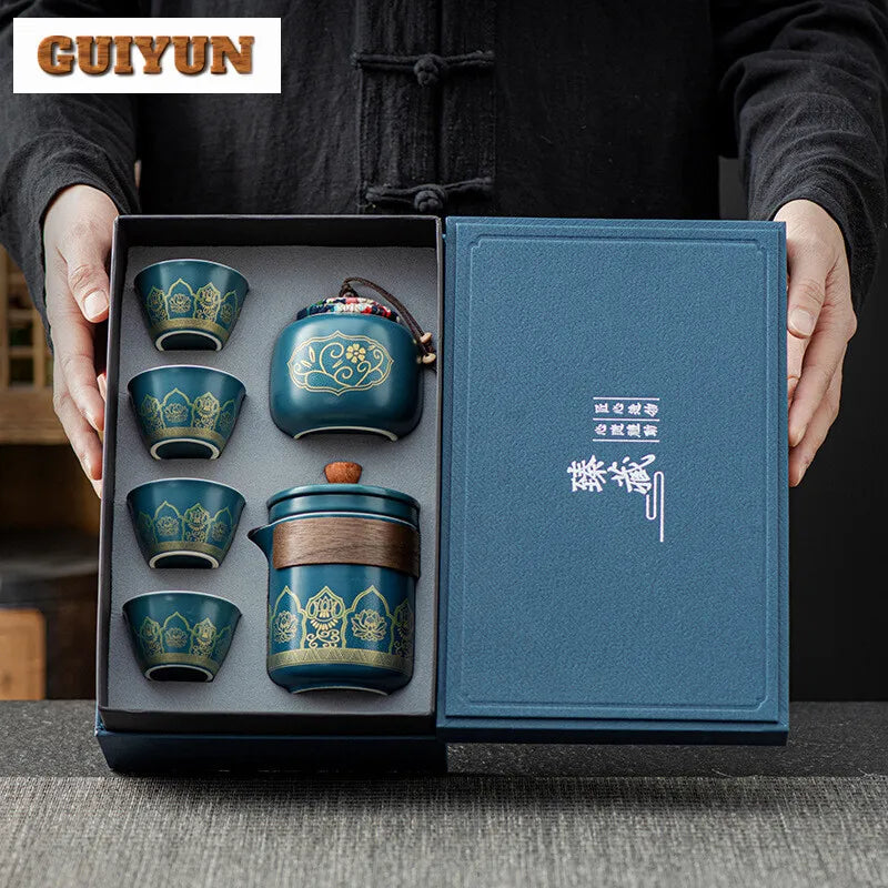 Outdoors Tea Ceremony Set Portable 1 Pot of 4 Cups Travel Gift Box Tool Luxury Chinese Porcelain Sets Full British Cup European