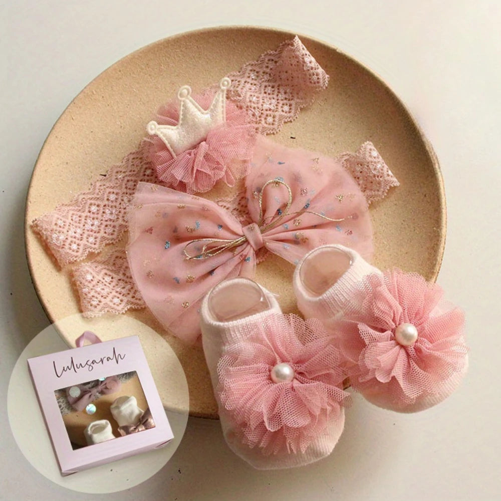 3 Pcs Baby Girl Accessories Set: 1 Socks, 2 Bow Headbands with Gift Box, Holiday Party Gift Box, Ideal Newborn Remembrance Gift