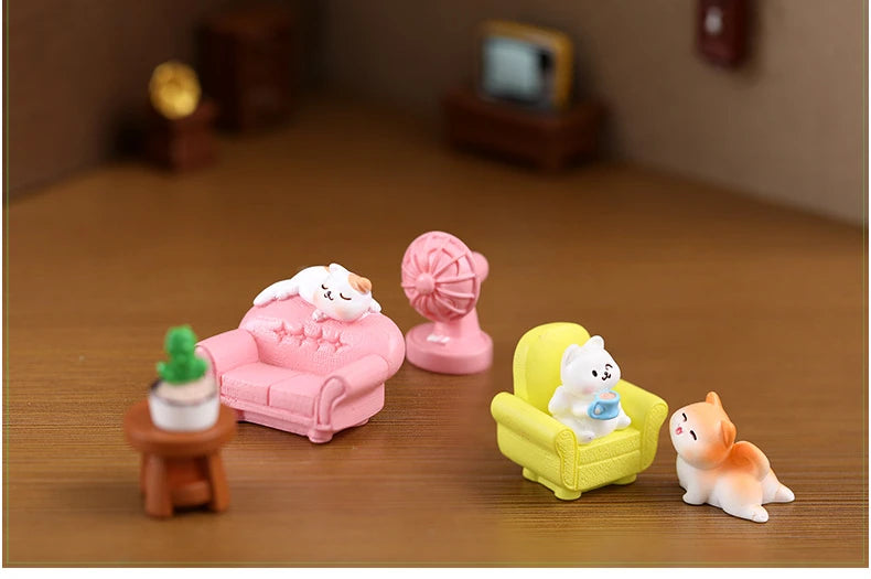 Daily Life Of Cat Statue Figurine Animal Model Cute Cat Small Sofa Furniture Decor for Room Birthday Toy for Kid Home Decoration