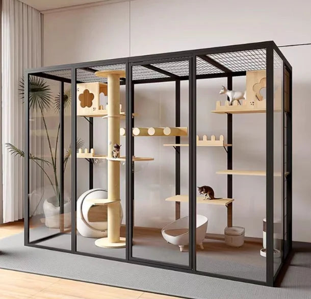 Custom Cat House 120*100*180cm White Aluminum Frame With Tempered Glass Balcony Cat Crawling Cabinet Cutting Punching Service