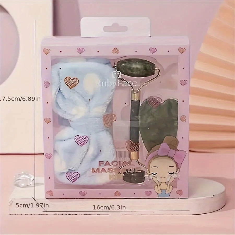 3 Pieces Beauty Tools Set with Gift Box Jade Roller Spa Headband and Gua Sha Board Girls Beauty Gift