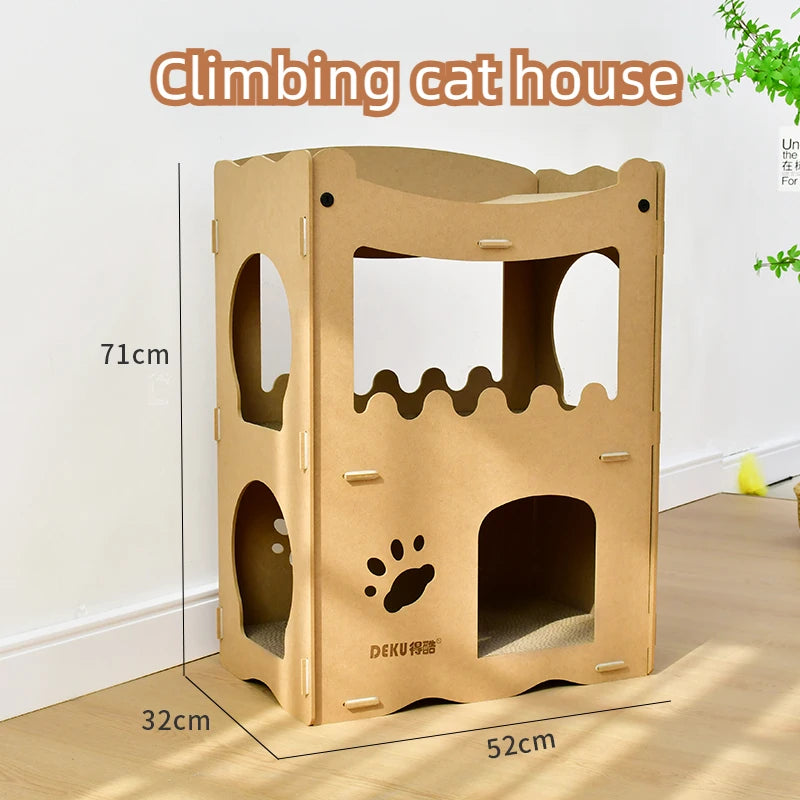 Cat House Wooden House with Scratching board Cardboard Durable cat scrtcher cat scratching lounge cat bed