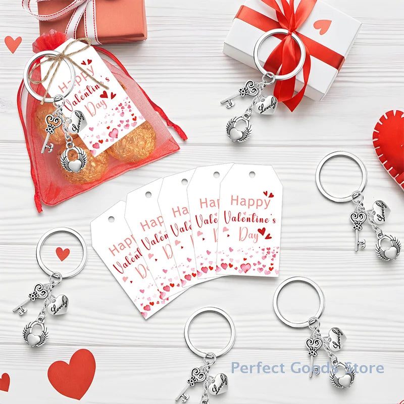 18 Sets Valentine's Day Gifts Includes Heart Shaped Keychain With Label Tags Organza Bags For Students Classroom Exchange Gifts