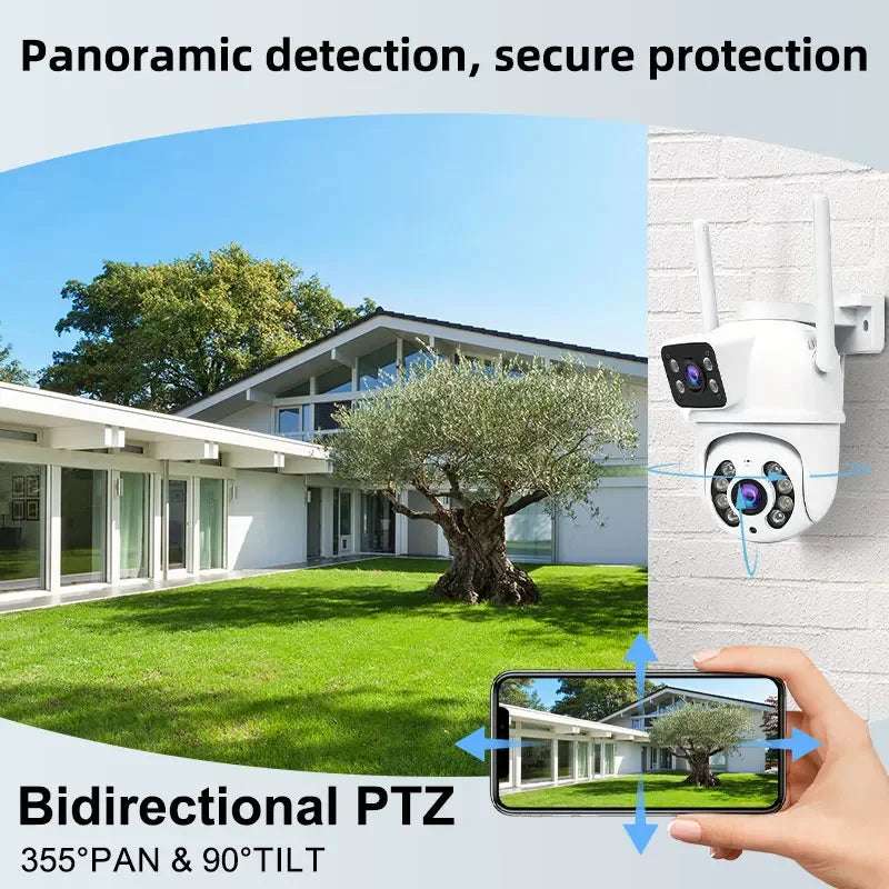 WiFi Security Camera 6MP HD PTZ IP68 Camera Outdoor Dual Lens Dual Screen Auto Tracking Two-Way Voice Audio Video Surveillance
