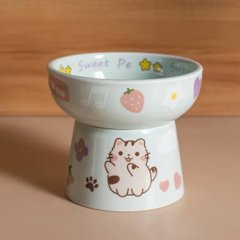 Cat Bowl Ceramic High-Footed Neck Protection Pet Feeders Cute Cartoon Bowls