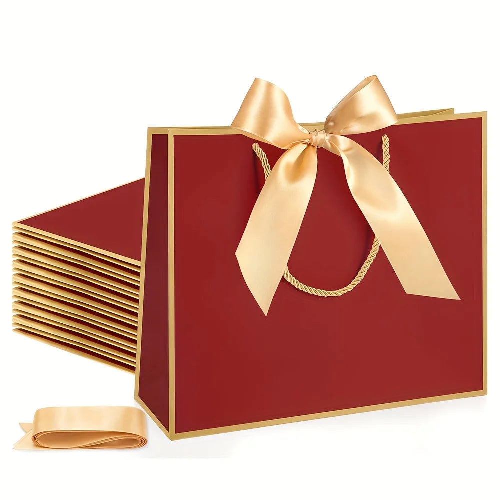 10pcs Set (5 Burgundy Gift Bags + 5 Ribbons with Handles) - Thank You Gift Bags,Paper Welcome Bags with Bow Ribbons for Weddings