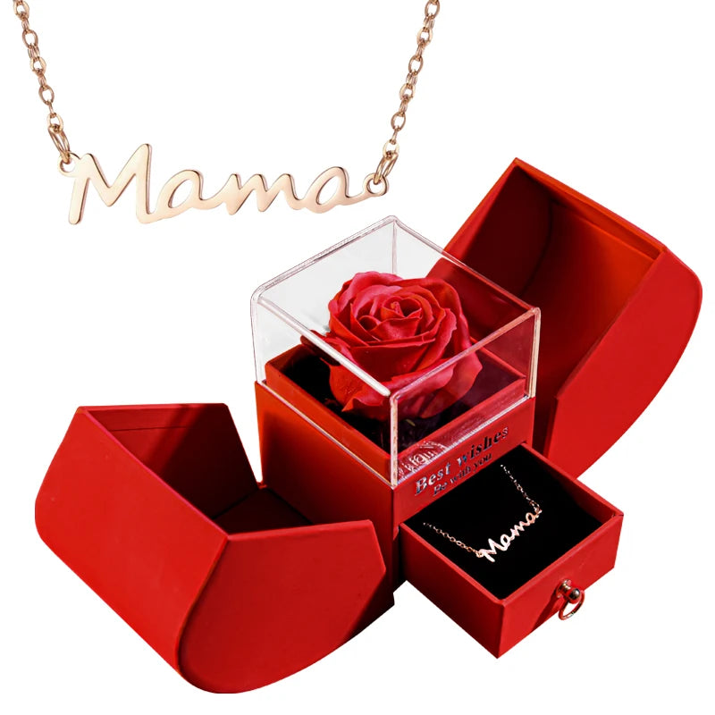 Gift for Women Eternal Rose Gift Box /w Heart Necklace I Love You To The Moon and Back Flower Jewelry Box for Valentine Wedding