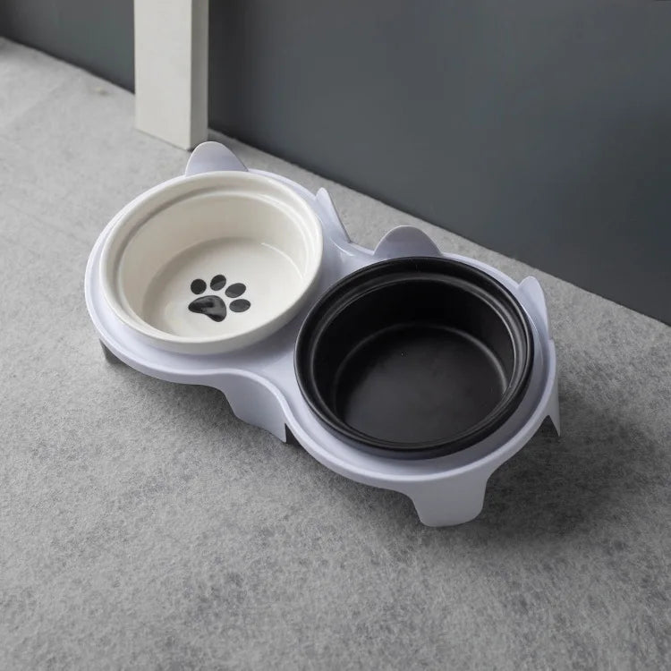 Pet ceramic feeding bowl, double bowl, inclined angle to hold food and water, protect the cat's cervical spine.
