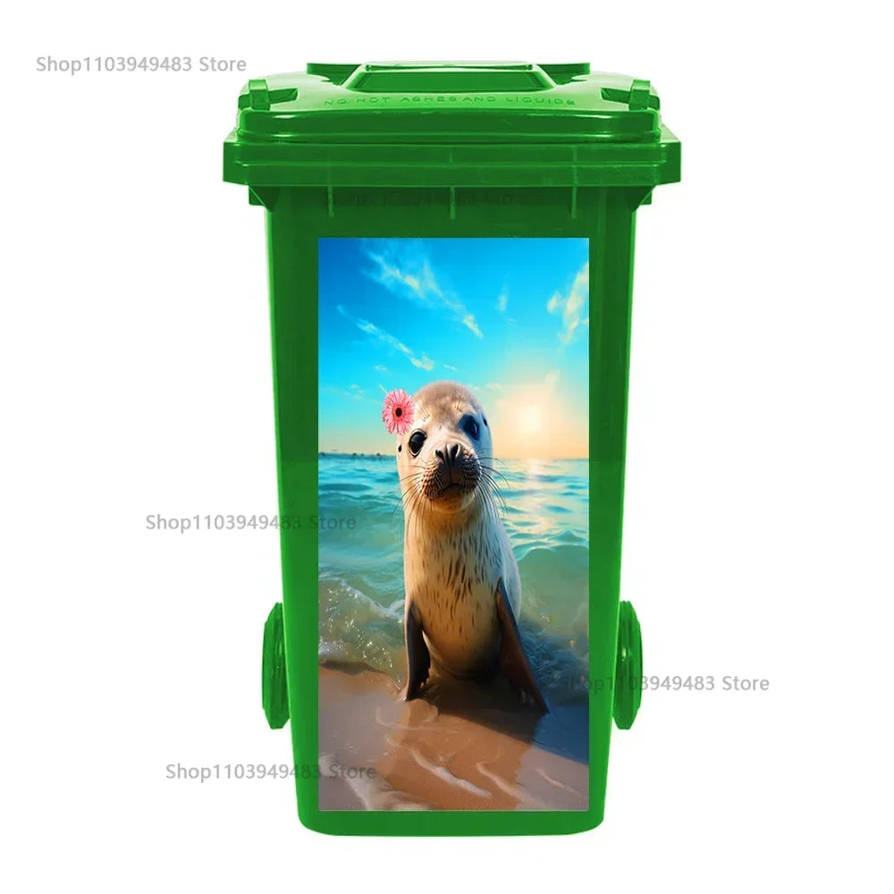 Cute Animal Outdoor Trash Can Decoration Self-adhesive Waterproof Stickers Litter Bins Renovation Cover Decal Garbage Bin Mural