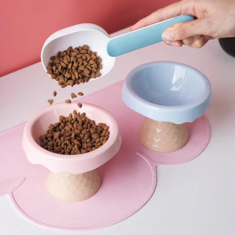 Ceramic cat bowl, pet bowl, ice cream bowl, high-legged, slanted neck protection, anti-knockover cat food bowl, drinking water
