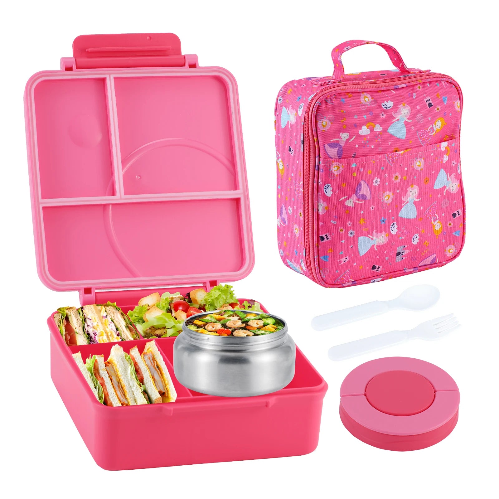 Bento Lunch Box Set for Kids with 8oz Soup Thermo, Leak-Proof Lunch Containers with 4 Compartment, Kids Thermo Hot Food Jar and