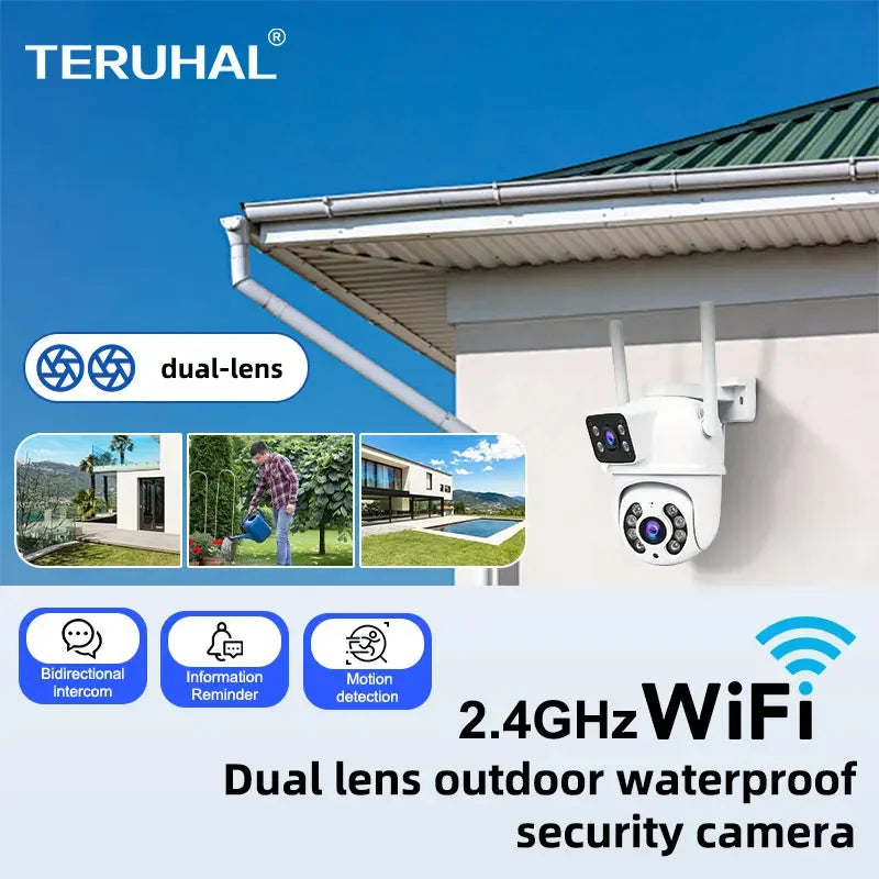WiFi Security Camera 6MP HD PTZ IP68 Camera Outdoor Dual Lens Dual Screen Auto Tracking Two-Way Voice Audio Video Surveillance