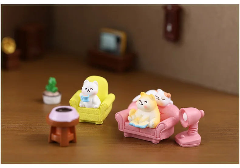 Daily Life Of Cat Statue Figurine Animal Model Cute Cat Small Sofa Furniture Decor for Room Birthday Toy for Kid Home Decoration