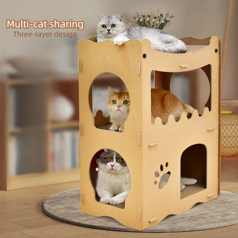 Cat House Wooden House with Scratching board Cardboard Durable cat scrtcher cat scratching lounge cat bed
