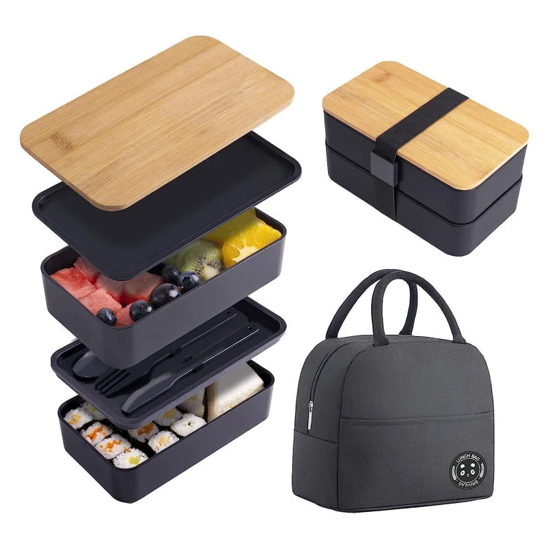 Stackable Bento Lunch Box with Insulated Bag Microwaveable Divided Large Capacity Bento Box for Office Workers and Students
