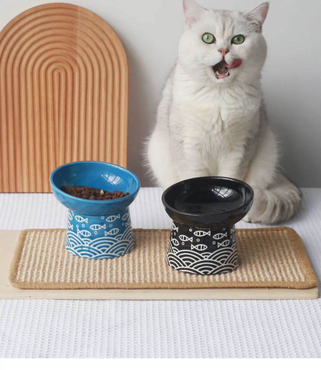 Ceramic Raised Cat Bowl  Elevated Neck Protection Ergonomic Durable Cutlery for Food Water Cute Dog Bowl ﻿