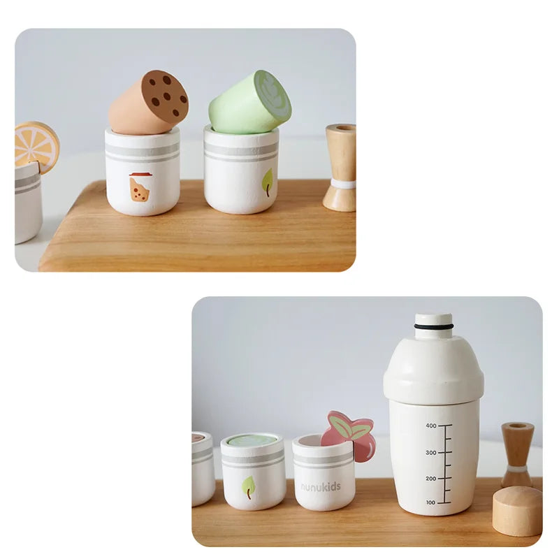 Children Pretend Play Kitchen Toy Wooden Simulation Milk Tea Set Children Role Play Game for Girls Boys Imitation Game Education