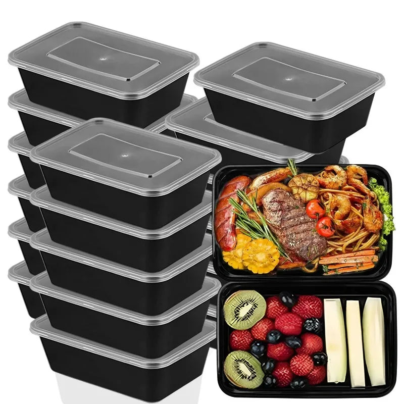 20-10Pcs Disposable Bento Box Kitchen Fridge Storage Box with Lids Black Food Containers Leakproof Lunch Box for Salad Sandwich