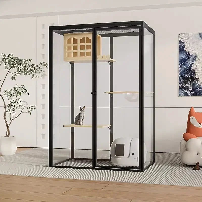 Custom Cat House 120*100*180cm White Aluminum Frame With Tempered Glass Balcony Cat Crawling Cabinet Cutting Punching Service