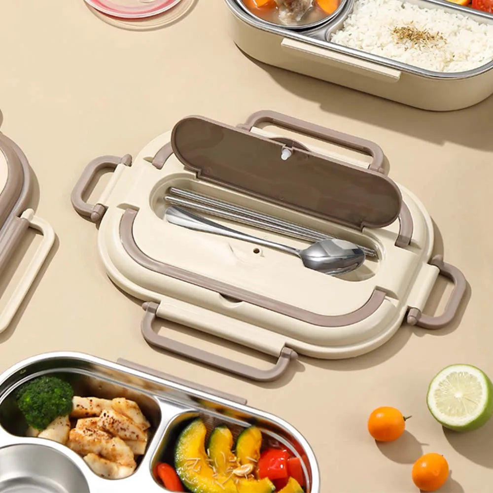 304 stainless steel bento box, four compartment dining box with soup bowl, chopsticks and spoon, suitable for office workers