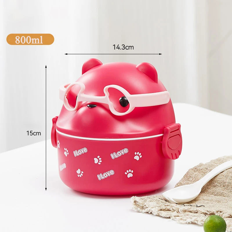 Stackable Bento Box Portable Cute Cartoon Children Lunch Box Double Layer Food Storage Container Eyeglass Bear Thermal Bento Box