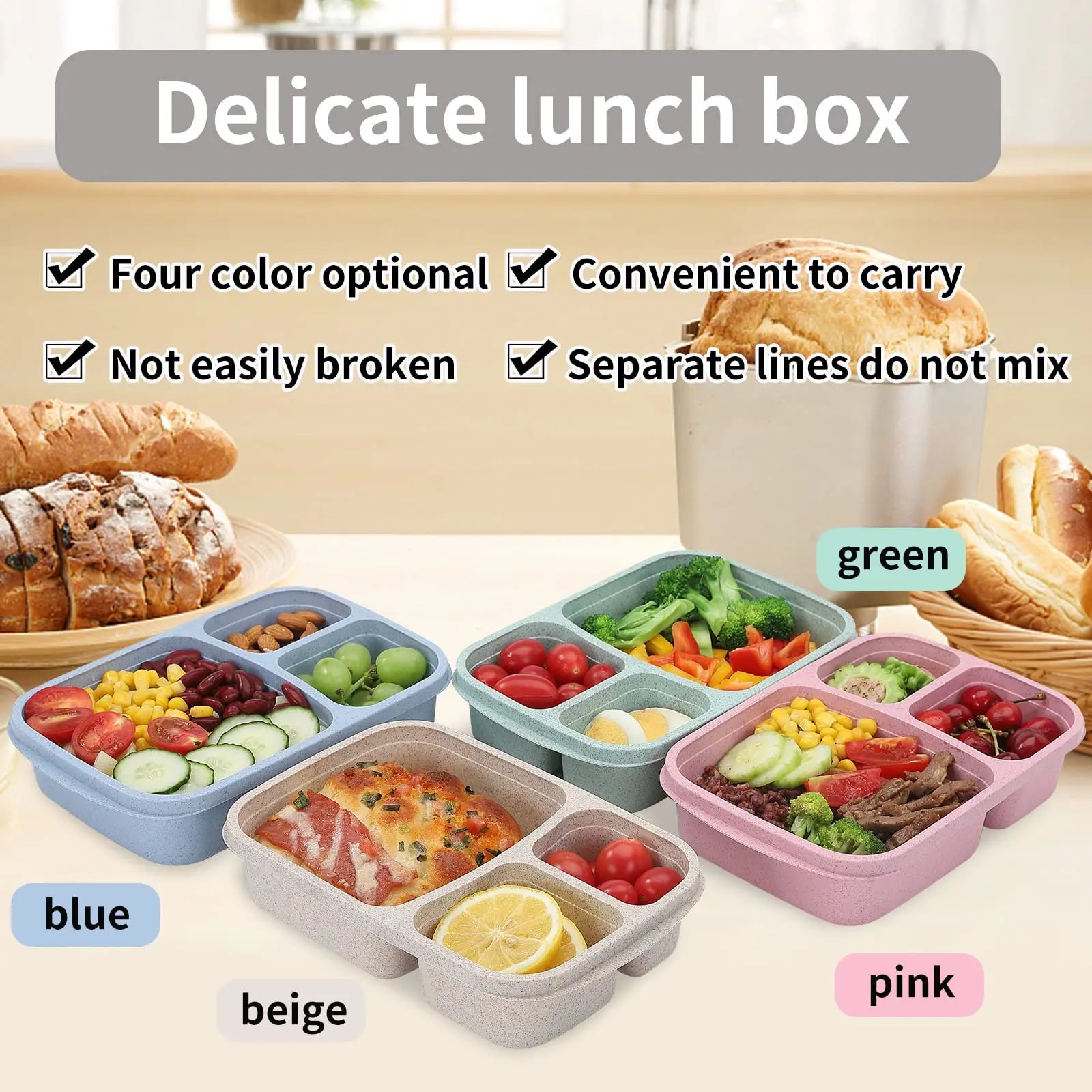 Bento Lunch Box 3 Compartment Wheat Straw Meal Prep Food Storage Containers Plastic, 1 Pack
