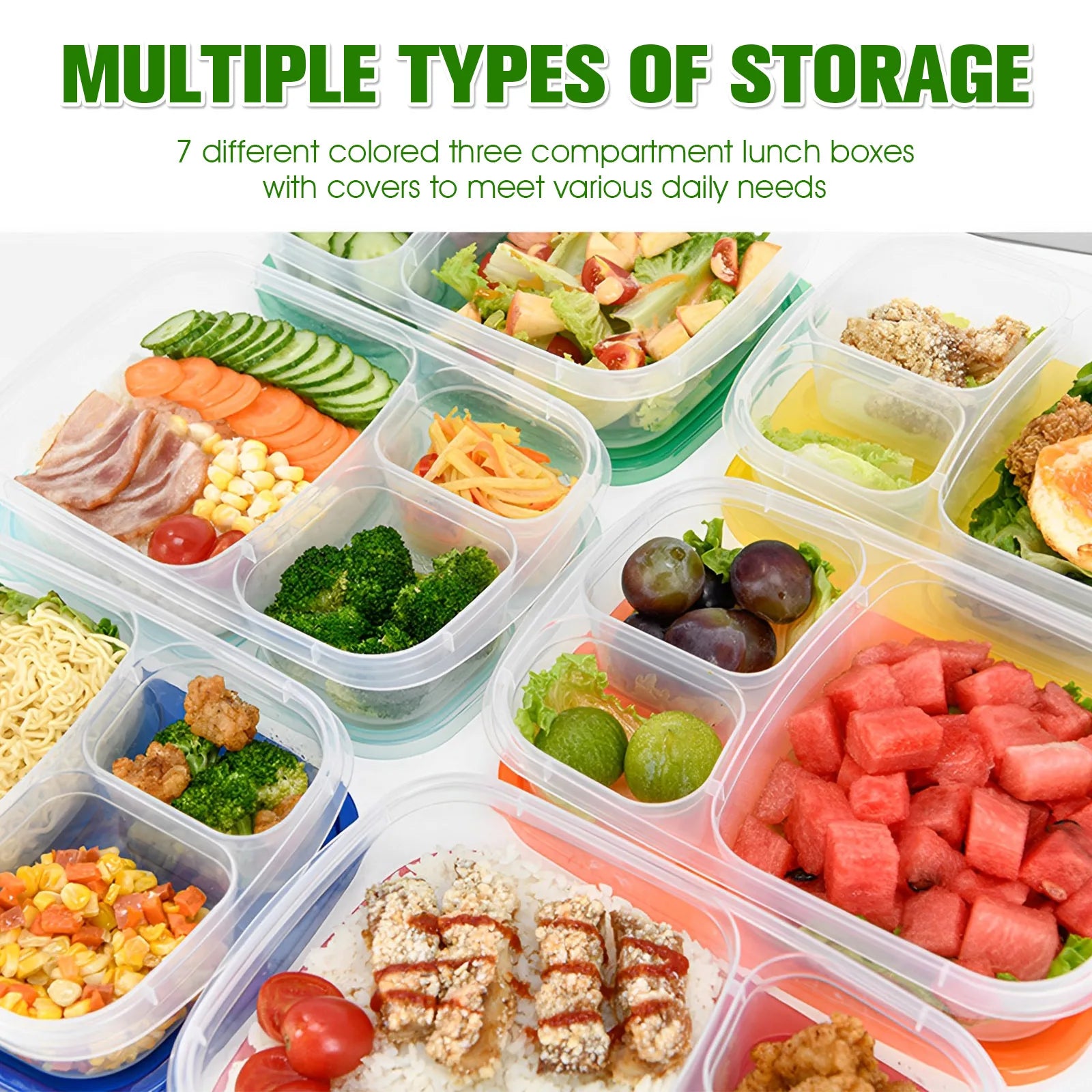 7pcs Bento Box 800ml Large Capacity Bento Containers With 3 Compartments Temperature Resistance Food Storage Boxes With Lids