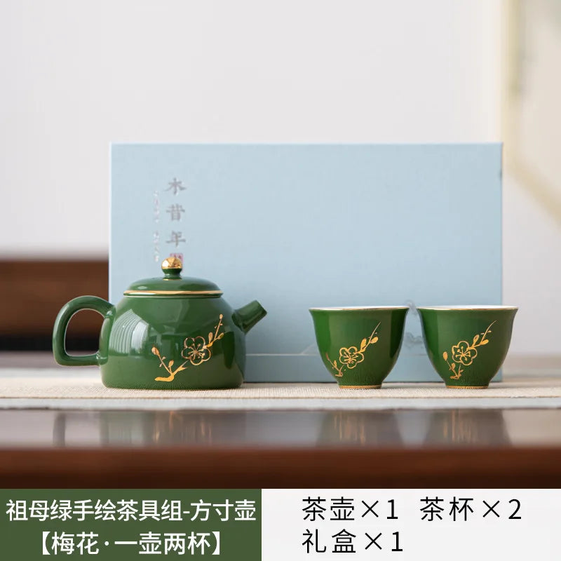 Emerald Green Ceramic Tea Set Complete Set Tea Ceremony Set Gold Stamping Lotus Teapot And Tea Cup Set Chinese Tea Set Ornaments