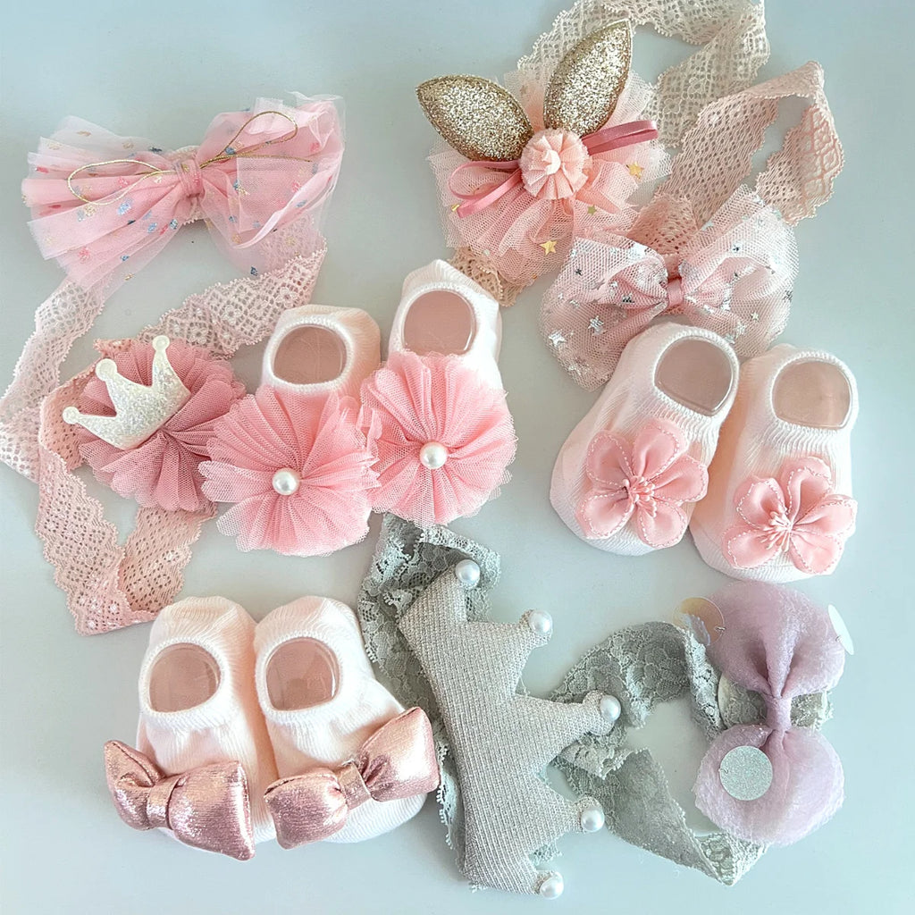 3 Pcs Baby Girl Accessories Set: 1 Socks, 2 Bow Headbands with Gift Box, Holiday Party Gift Box, Ideal Newborn Remembrance Gift