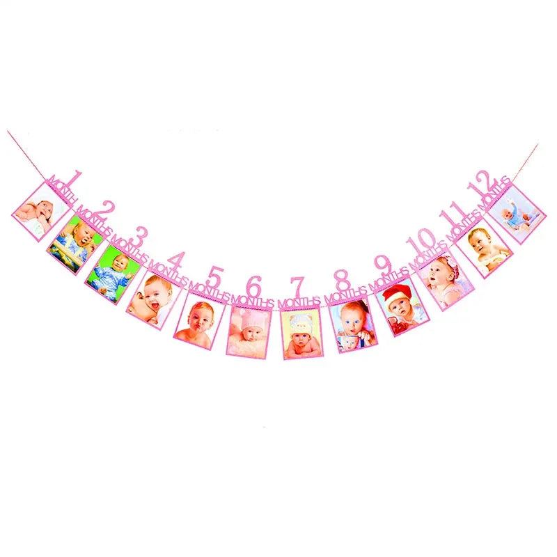 Birthday Baby One Year 12 Months Photo Banner Baby Boy Girl 1 Year Birthday Party Decor Photo Garlands Baby First Birthday Party