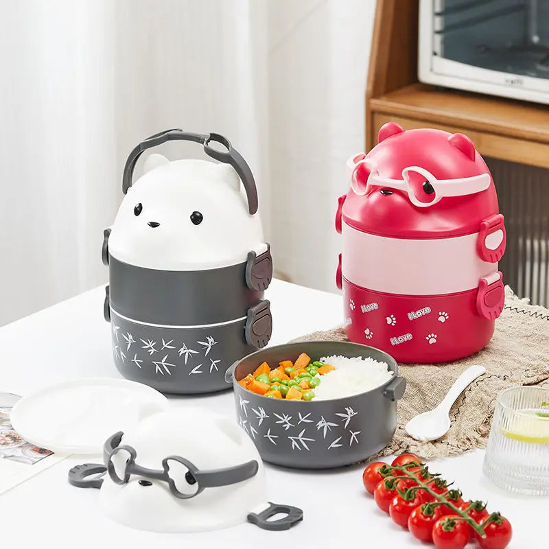 Stackable Bento Box Portable Cute Cartoon Children Lunch Box Double Layer Food Storage Container Eyeglass Bear Thermal Bento Box