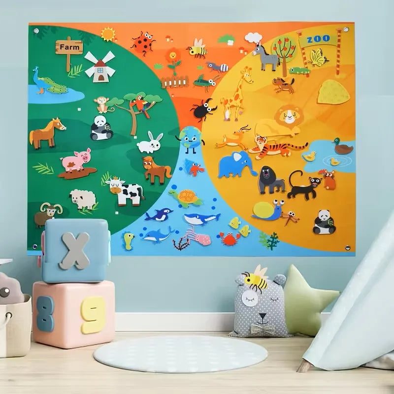 Farm Animals Felt Story Busy Board 4 IN 1 Themed Storytelling Farm Sea Zoo Vehicle Early Learning Interactive Wall Hanging Gifts