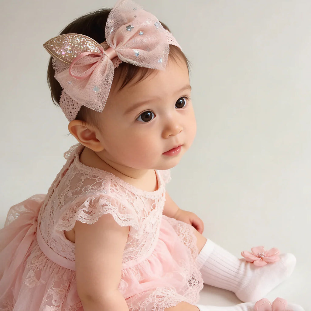 3 Pcs Baby Girl Accessories Set: 1 Socks, 2 Bow Headbands with Gift Box, Holiday Party Gift Box, Ideal Newborn Remembrance Gift