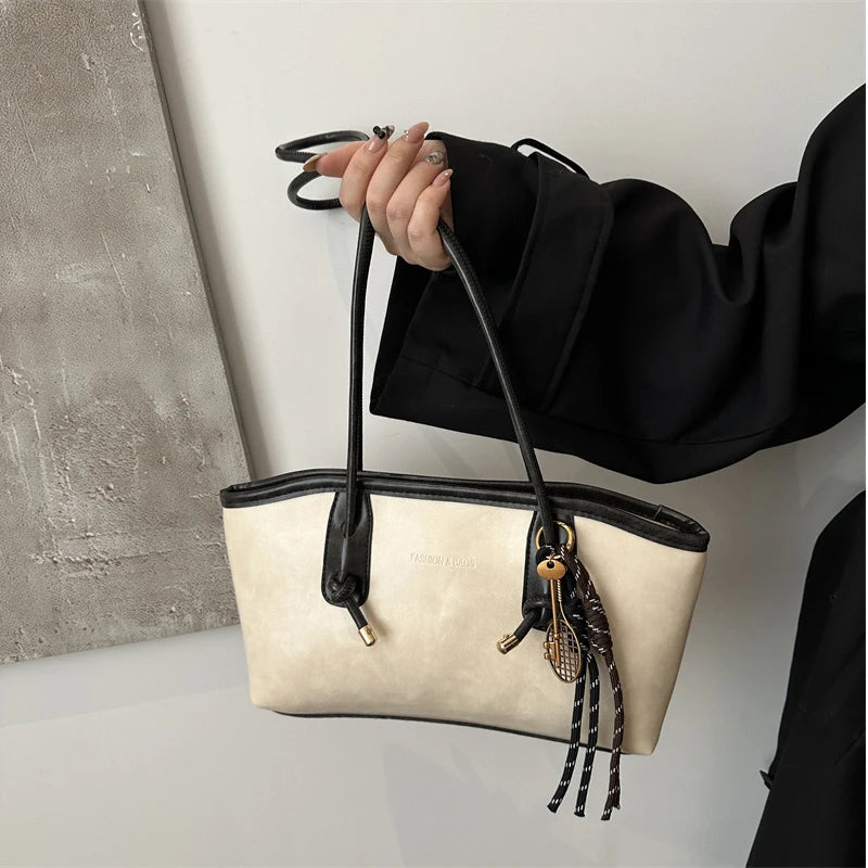 European American Retro Tote Bag, Korean Fashion Shoulder Bags Advanced Simple Handbag New Large Capacity Pendant Versatile Bags