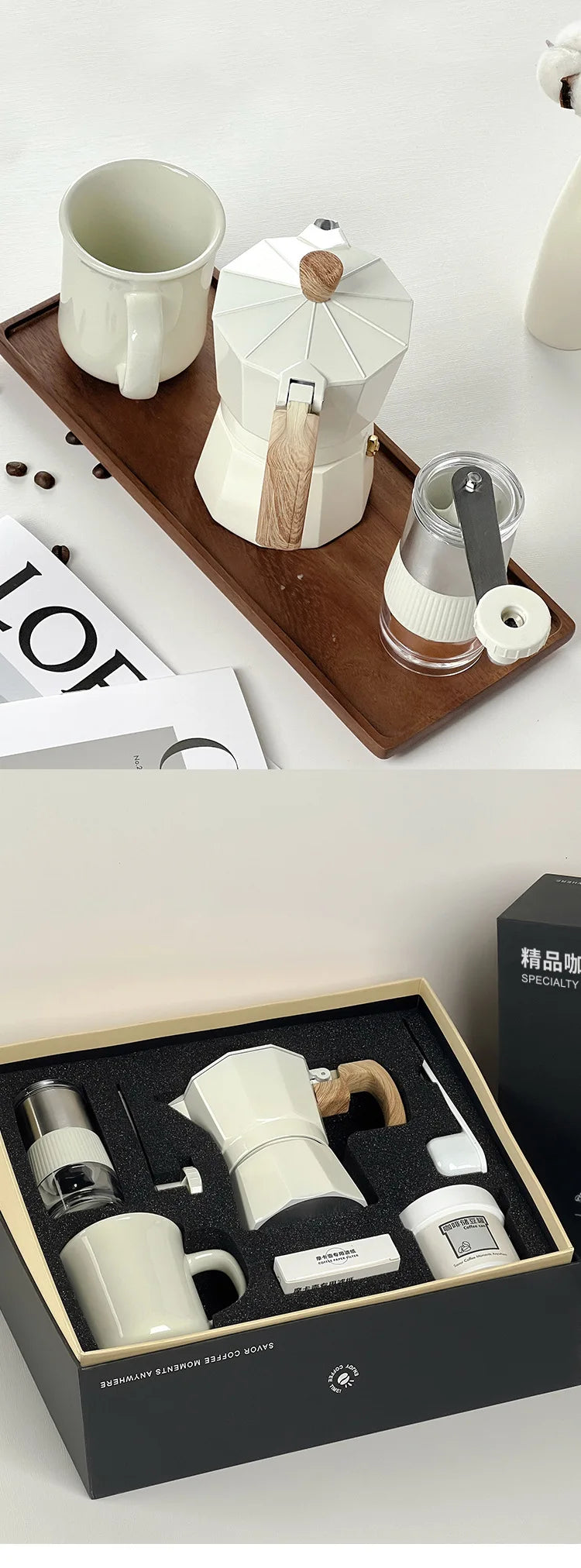 Hand Grinder Coffee Maker Set,Hand Grinder Set Gift Box,Moka Pot 6 Piece Set,with Cup,bean Bin,filter Paper and Bean Brush Spoon