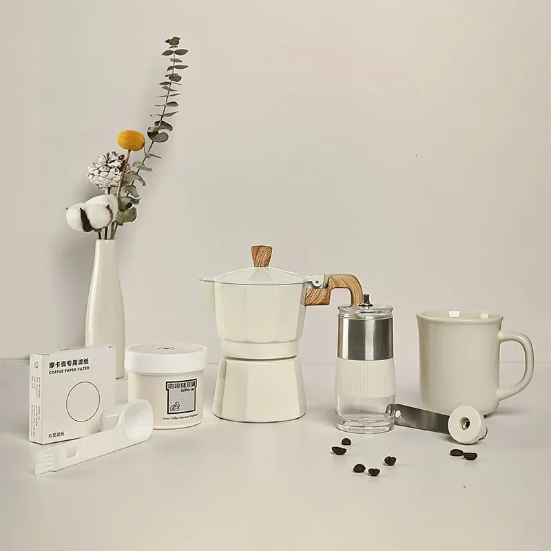 Hand Grinder Coffee Maker Set,Hand Grinder Set Gift Box,Moka Pot 6 Piece Set,with Cup,bean Bin,filter Paper and Bean Brush Spoon
