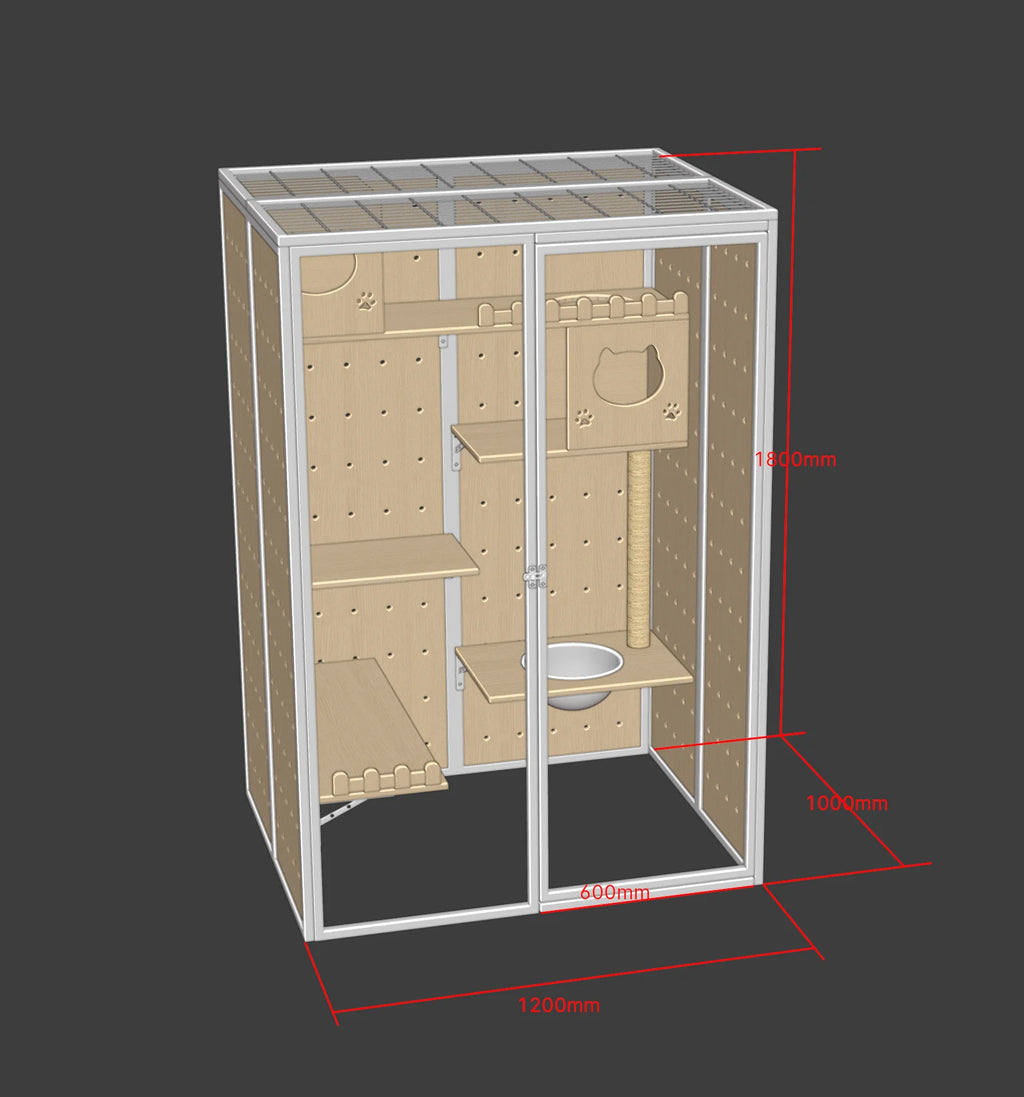 Custom Cat House 120*100*180cm White Aluminum Frame With Tempered Glass Balcony Cat Crawling Cabinet Cutting Punching Service