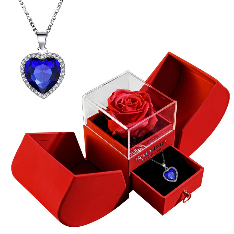 Gift for Women Eternal Rose Gift Box /w Heart Necklace I Love You To The Moon and Back Flower Jewelry Box for Valentine Wedding