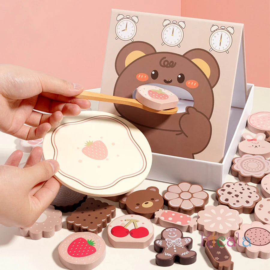 Animal Feeding Game Wooden With Cute Food Pieces Rabbit Bear Role-Play Toy Fine Motor Skill Educational Gift For Kids Christmas