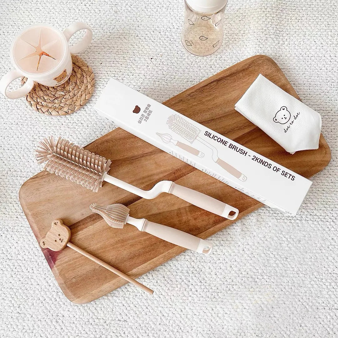 Korean Ins Newborn Bottle Nipple Brush Baby Special Long-handled Cleaning Brush Silicone Cleaning Brush Set