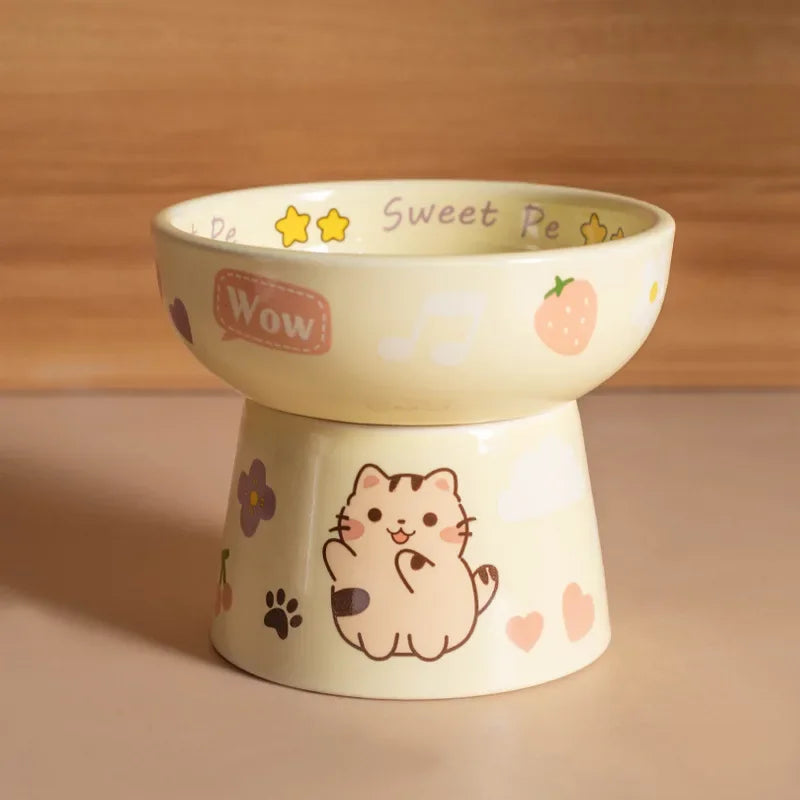 Cat Bowl Ceramic High-Footed Neck Protection Pet Feeders Cute Cartoon Bowls