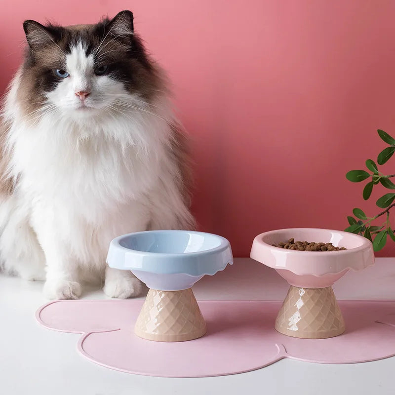 Ceramic cat bowl, pet bowl, ice cream bowl, high-legged, slanted neck protection, anti-knockover cat food bowl, drinking water
